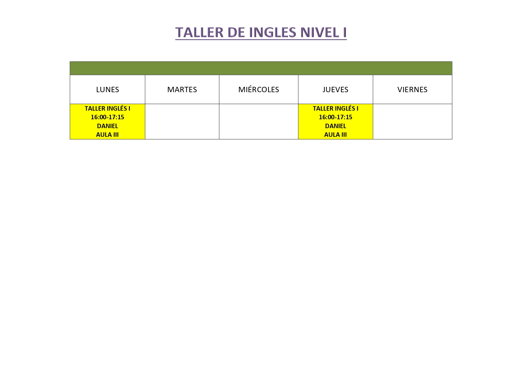 TALLER INGLES NIVEL I